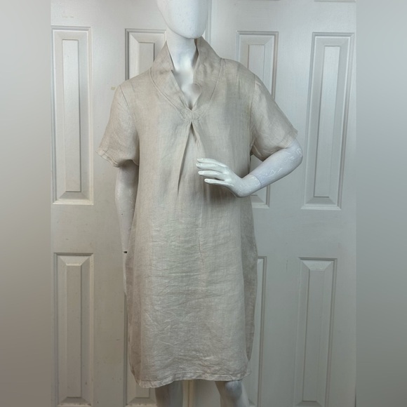 Italy 100% linen Elegant Cream Short Sleeve Dress - Picture 1 of 15